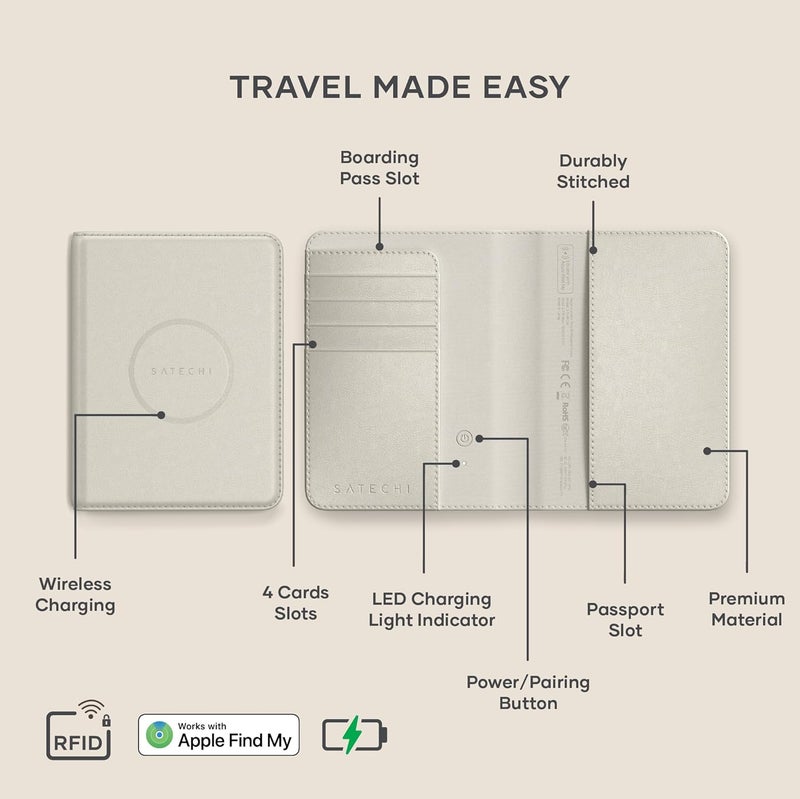 SATECHI Passport Holder for Travel with Find My, Passport Cover with 4 Card Holder, Wireless Charging, and RFID protection – Travel Essential Vegan Leather Passport– Sand - Image 2